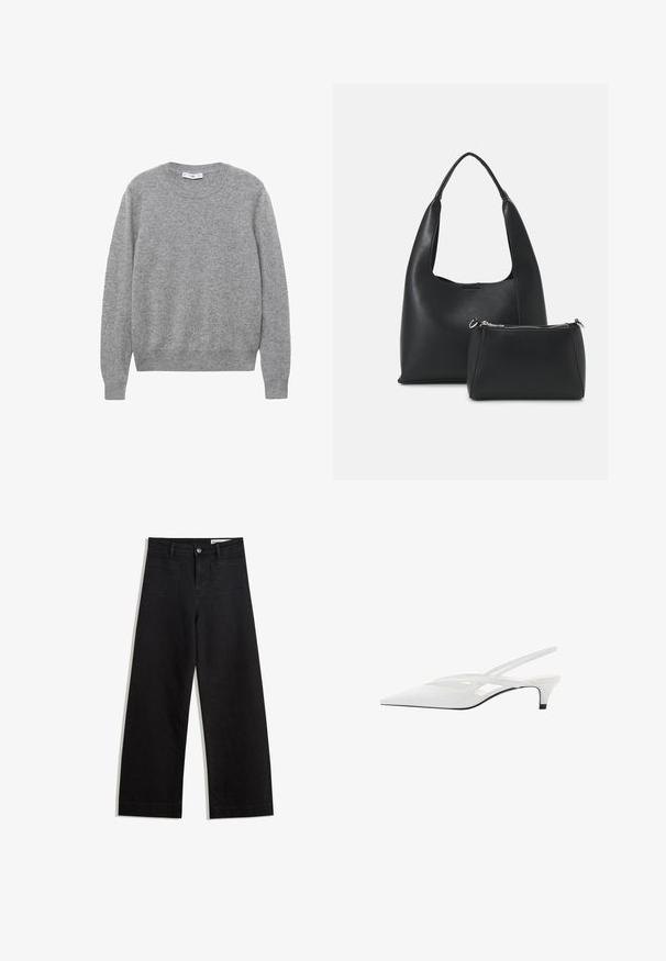 Pulover gri din lână cu decolteu rotund, mâneci lungi și manșete și tiv elastic. Textura pare moale și ușor texturată.; Pantaloni din denim negri cu picioare largi, cu talie înaltă, având buzunare frontale și posterioare, cusături dublate și închidere cu nasture. Textură netedă.; Sandale albe cu toc slingback și vârf ascuțit, având un upper neted, decupaje subtile și un toc bloc mic. Talpa neagră accentuează designul.; Even&Odd Geantă de mână - black