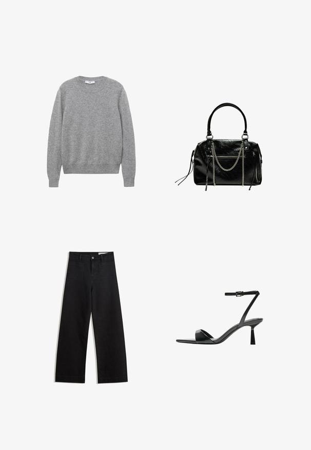 Pulover gri din lână cu decolteu rotund, mâneci lungi și manșete și tiv elastic. Textura pare moale și ușor texturată.; Pantaloni din denim negri cu picioare largi, cu talie înaltă, având buzunare frontale și posterioare, cusături dublate și închidere cu nasture. Textură netedă.; Bershka Sandale cu toc - black; Bershka WITH CHAIN - Geantă de mână - black