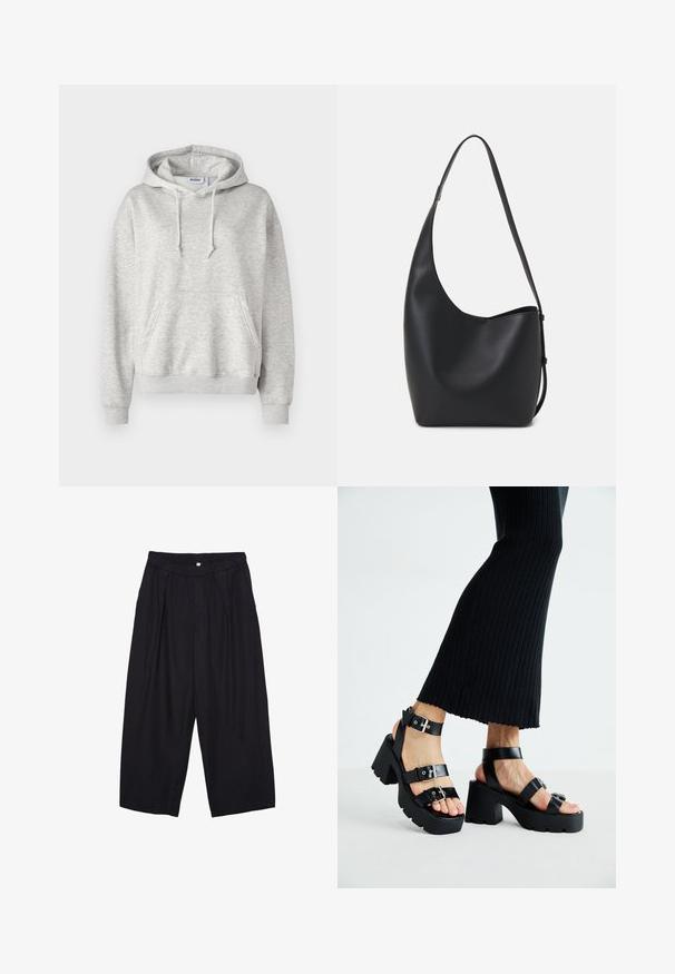 Hellegrauer Kapuzenpullover aus weichem Baumwoll-Mischgewebe. Verfügt über eine Vordertasche, eine Kordelzugkapuze sowie gerippte Ärmelbündchen und Saum.; Schwarze Polyester-Culotte mit einem elastischen Bund, zwei vorderen Falten und einer lockeren Silhouette. Keine sichtbaren Muster oder Hardware-Details.; Schwarze Plattform-Sandalen mit robusten, profilierten Sohlen und mehreren Riemen, ausgestattet mit metallischen Schnallen und einer glatten, lederähnlichen Textur.; Schwarze Leder-Hobo-Tasche mit einer glatten Textur, geschwungener Form und einem einzelnen verstellbaren Tragegurt; verfügt über eine weite Öffnung am oberen Ende.