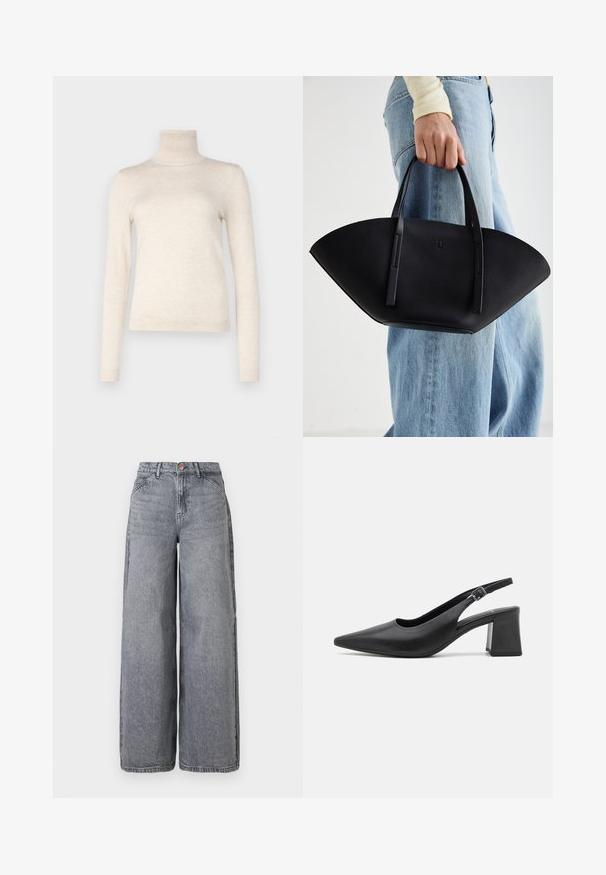 Helebeež turtleneck-sviiter pehmest kudumismaterjalist. Omab pikki varrukaid ja soonikuga krae. Lihtne, minimalistik disain.; Laiad jopeteksad hallis pleekinud värvitoonis, millel on viis taskut, nupu sulgemine ja pehme tekstuur, millel on õrnad kulumisdetailid.; Must mustrakk mustraali pehmedest nahast tossud terava nina ja paksu plokknööbiga. Omab reguleeritavat rihma metallklambriga.; Must mustra kott, millel on unikaalne fännikujuline disain, millel on lapikud käepidemed. Pinna tekstuur on kivikujuline ja disain on minimalistlik.