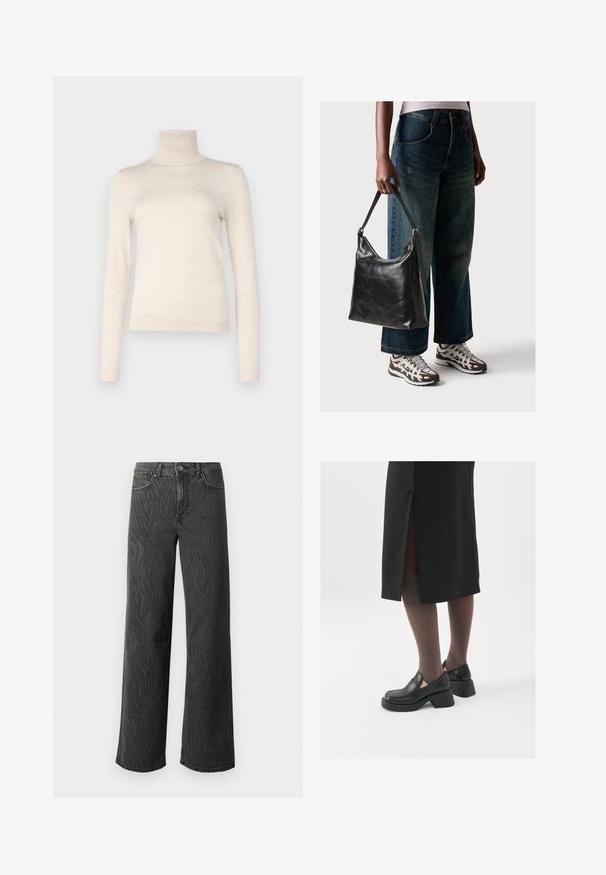 Šviesiai kreminis golfo megztinis, pagamintas iš minkštos mezginės medžiagos. Pasižymi ilgomis rankovėmis ir drižine apykakle. Paprastas, minimalistiškas dizainas.; Platus džinsai tamsiai pilkoje denimo medžiagoje, su subtiliu zebro rašto tekstūra, kontrastinėmis siūlėmis ir penkių kišenių dizainu su mygtukiniu užsegimu.; Juodos odinės bateliai su apvaliu nosiu, stora blokine pakulne ir elastingais šonais, derinami su tamsiomis pėdkelnėmis ir juoda sijonu su plyšiu.; Juodas odinis peties krepšys su lygiu paviršiumi ir reguliuojama dirželiu, derinamas su nublukusiais plačiapurčiais džinsais ir sportiniais batais.