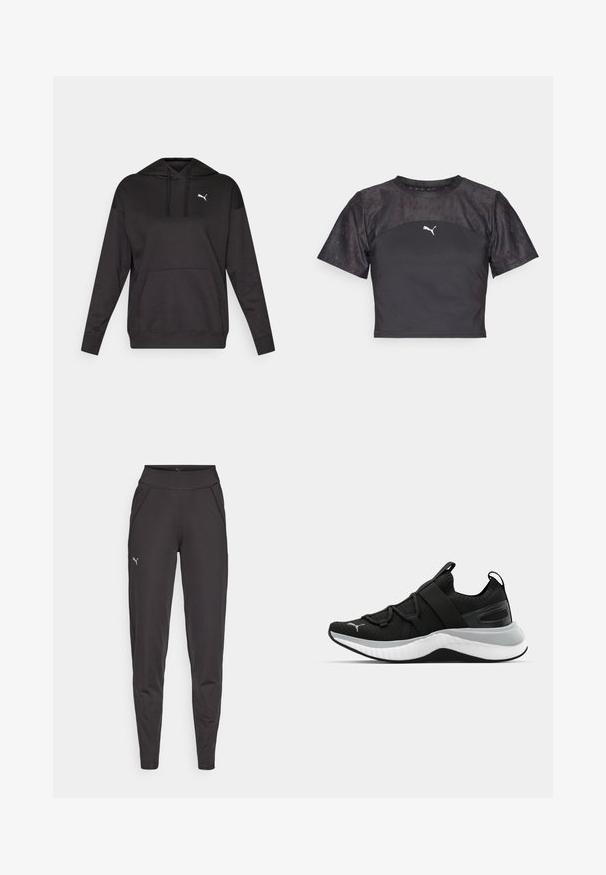 Zwarte hoodie gemaakt van zachte stof, met een voorste kangaroo zak en een wit logo op de borst. Lange mouwen met geribbelde boorden.; Zwarte cropped t-shirt met korte mouwen, met een strak design, een textuur van kant en een wit Puma-logo op de voorkant.; Zwarte sportleggings van rekbare stof, met een hoge tailleband, zijzakken en een klein reflecterend logo op de linkerdij.; Zwarte sportschoen met een gestructureerde bovenkant, elastische banden en een dikke witte tussenzool. Heeft een grijze accent langs de zool.