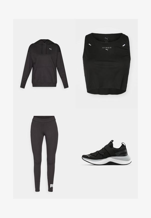 Čierna mikina s kapucňou vyrobená z mäkkej tkaniny, s prednou kangaroo vreckom a bielym logom na hrudi. Dlhé rukávy s rebrovanými manžetami.; Čierny skrátený tielko vyrobené z textúrovanej látky, s okrúhlym výstrihom, bielym logom a dvomi malými reflexnými akcentmi na pleciach.; Čierne legíny vyrobené z elastického materiálu, s vysokým pásom a bielym logom potlačeným na dolnej časti ľavej nohy. Hladký povrch.; Čierne športové topánky s textúrovaným zvrškom, elastickými pásikmi a hrubou bielou medzipodrážkou. Obsahujú sivý akcent pozdĺž podrážky.