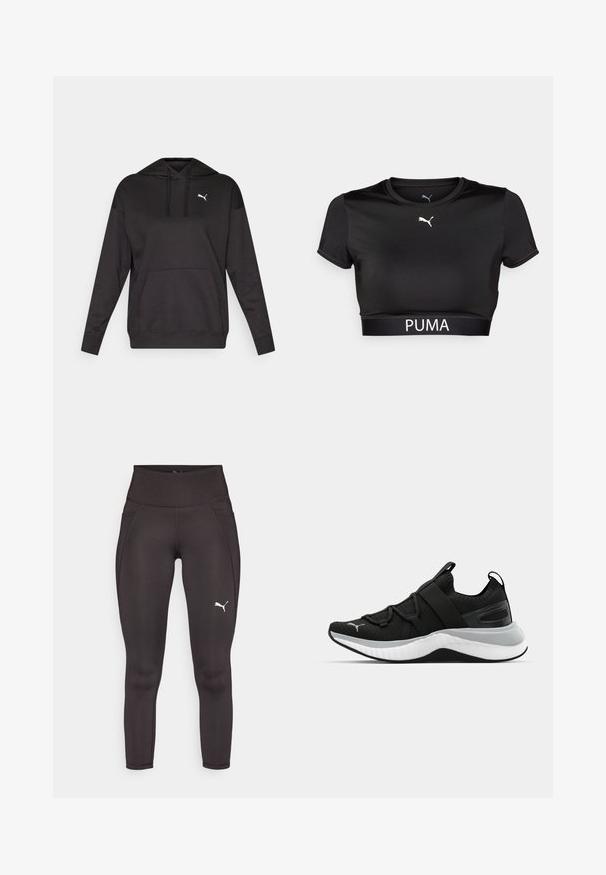 Hanorac cu glugă de culoare neagră, fabricat dintr-un material moale, având o buzunar frontal tip kangaroo și un logo alb pe piept. Mâneci lungi cu manșete ribalte.; Tricou scurt negru dintr-un material neted, cu guler rotund, mâneci scurte și un logo PUMA alb pe bandă.; Colanți sport negri, realizați dintr-un material elastic, cu talie înaltă, având buzunare laterale și un logo alb pe piciorul stâng.; Pantof de sport negru cu un upper texturat, curele elastice și o talpă intermediară groasă albă. Are un accent gri pe lungimea tălpii.