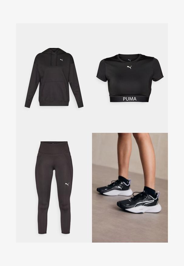 Crna dukserica s kapuljačom napravljena od mekog materijala, s prednjim kenguru džepom i bijelim logotipom na prsima. Dugi rukavi s rebrastim manžetama.; Crna skraćena majica od glatke tkanine, s okruglim izrezom, kratkim rukavima i PUMA logom u bijeloj boji uz donji rub.; Crne sportske tajice napravljene od rastezljivog materijala s visokim strukom, s bočnim džepovima i bijelim logotipom na lijevoj nozi.; Crne atletske cipele s bijelim detaljima, gornjište od mrežice, vezice i амортизирана peta. Imaju teksturirani potplat za prianjanje.
