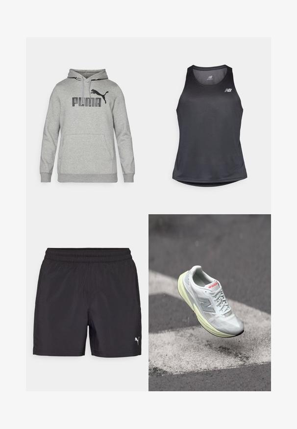 Grauer Kapuzenpullover aus weichem Stoff, mit großem "PUMA"-Logo und schwarzem Puma-Silhouette auf der Brust, mit einer Fronttasche.; Schwarzes Sporttanktop aus feuchtigkeitstransportierendem Material, mit rundem Ausschnitt und dezent gerippter Textur, mit einem weißen Logo auf der Brust.; Schwarze Sportshorts mit elastischem Bund, aus leichtem Material gefertigt, mit einem kleinen weißen Logo an der unteren Seite.; Leichter Laufschuh mit einem weißen Mesh-Obermaterial, gelber Zwischensohle und grauen Akzenten. Enthält ein auffälliges ‚N‘-Logo und eine strukturierte Oberfläche.