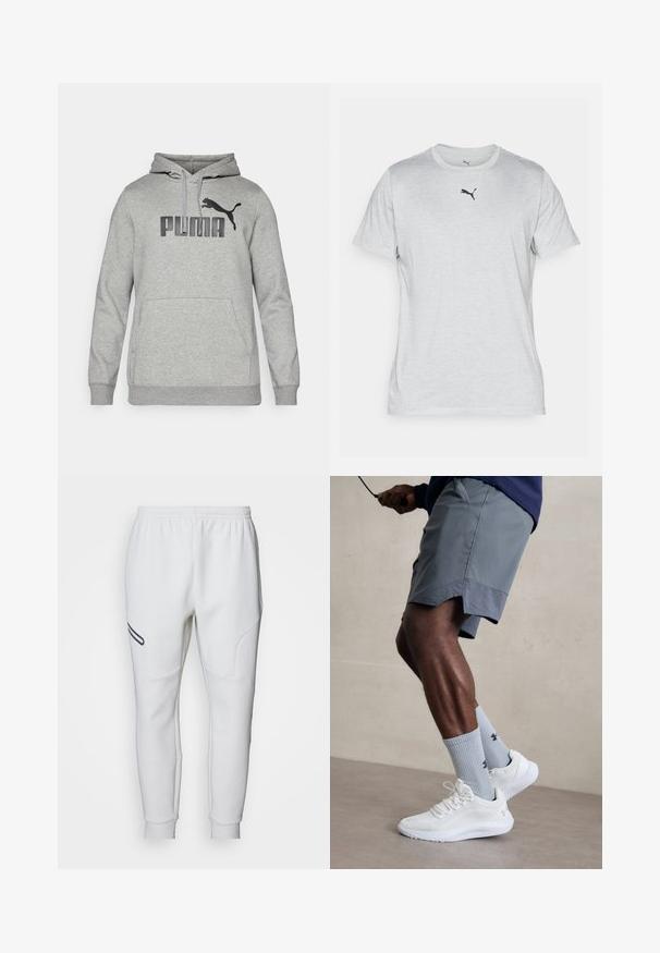 Sudadera con capucha gris hecha de tela suave, con un gran logo de "PUMA" y una silueta de puma negra en el pecho, además de un bolsillo frontal.; Camiseta gris de manga corta hecha de tejido suave, con un cuello redondo y un pequeño logo negro de Puma en el pecho.; Pantalones de chándal blancos con una textura suave y lisa. Presenta paneles laterales curvados y una franja de acento negra. Cintura elástica para un ajuste ajustable.; Zapatillas deportivas blancas con parte superior de malla texturizada, combinadas con calcetas de canalé azul claro que cuentan con un logo. Pantalones cortos deportivos grises con borde perforado.