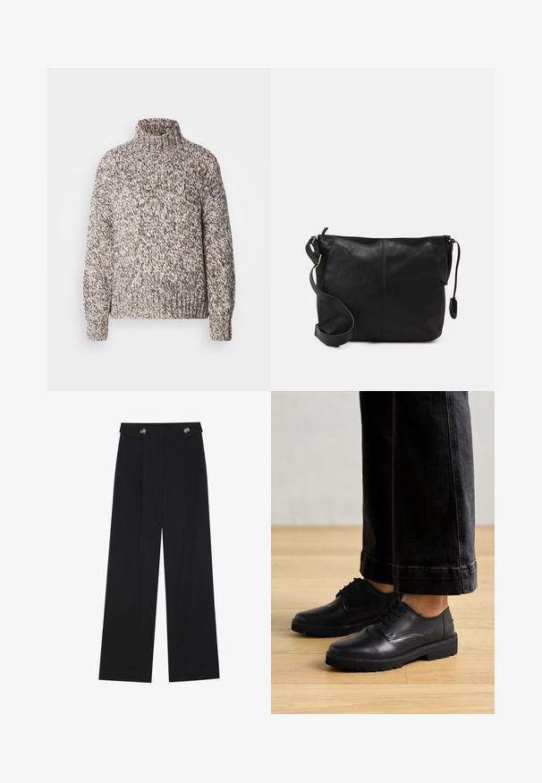 Marc O'Polo LONG SLEEVE STAND UP COLLAR - Pulover - multi/shaded brown melange; Pantaloni negri cu picioare largi, talie înaltă, detalii cu butoane pe talie și pliseuri în față.; Pantofi negri din piele, cu șireturi, cu o textură netedă, vârf rotunjit și talpă groasă din cauciuc, asortați cu blugi dark cropped.; Geantă de umăr din piele neagră, cu o formă plată, accente de metal auriu și o curea ajustabilă. Textură netedă cu detalii de cusătură minime.