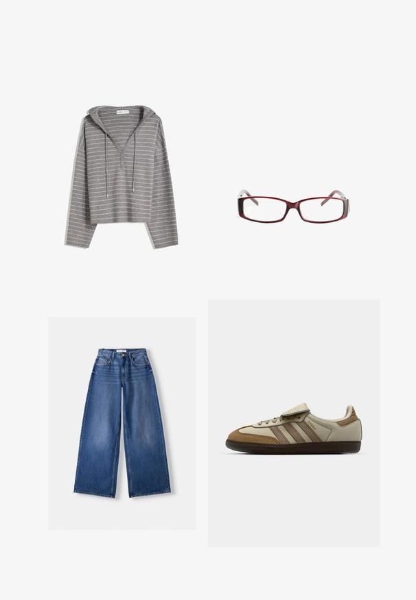 Szara, krótka bluza z kapturem z cienkimi, białymi, poziomymi paskami, w trzech guziczkach na klatce piersiowej oraz sznurkami przy kapturze.; Stradivarius - Top; Bershka WIDE granatowy; Brązowy i kremowy but sportowy z trzema beżowymi paskami, wykonany z zamszu i skóry, z zapięciem na sznurówki oraz gumową podeszwą. Logo tekstowe po stronie.; Czerwone prostokątne okulary z eleganckim designem. Przezroczyste soczewki, lekko przezroczyste zauszniki oraz efekt gradientu od czerwonego do szarego.