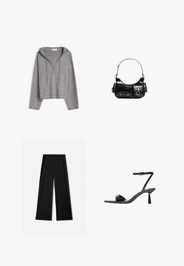 Hanorac scurt, gri, cu dungi subțiri albe orizontale, trei nasturi la piept și sireturi la glugă.; Bershka WIDE - Pantaloni - black; Bershka Sandale cu toc - black; Geantă de mână din piele lăcuită neagră, cu o formă curbată, un umăr, buzunare frontale și accente din metal argintiu.