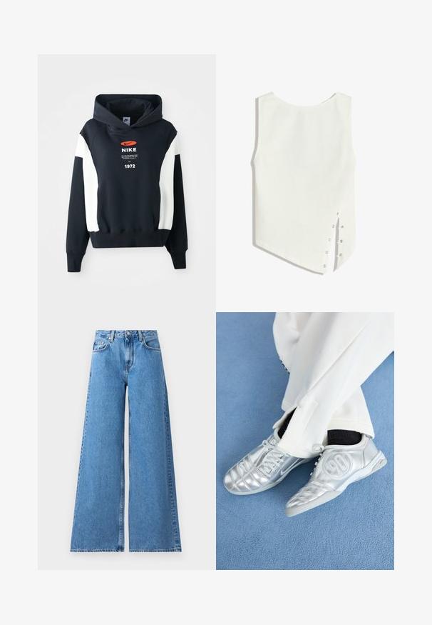 Granatowy sweatshirt z białymi akcentami na rękawach, z logo na przodzie, tekstem oraz rokiem "1972" w białym kolorze. Miękka tkanina, kieszeń typu kangur.; Biała bezrękawnikowa bluzka z okrągłym dekoltem, asymetrycznym dołem i zapięciem na zatrzaski z boku. Gładki, lekki materiał.; Szerokie jeansy z niebieskiego denimu z wysokim stanem, z klasycznym pięciopocketowym wzorem i szwami po bokach dla dodatkowego efektu.; Srebrne buty sportowe o gładkim, błyszczącym wykończeniu, z wyszywanym wzorem i numerem 90 po boku, zestawione z białymi spodniami.