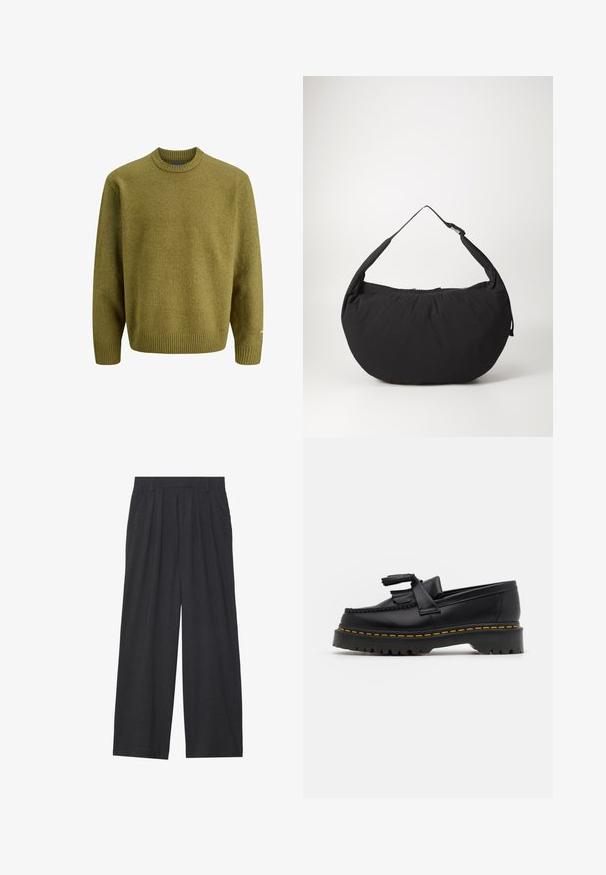 Olive zielony sweter wykonany z teksturowanego materiału dzianinowego, z okrągłym dekoltem i ściągaczami. Luźny krój z długimi rękawami i subtelnymi akcentami.; Szerokie spodnie wykonane z ciemnoszarego materiału. Posiadają pliski w talii, dopasowany krój oraz prostą sylwetkę.; Czarny skórzany mokasyn z frędzelkowymi akcentami, z masywną czarną podeszwą i żółtym przeszyciem wzdłuż krawędzi. Teksturowane wykończenie.; Czarna torebka na ramię o zaokrąglonym kształcie, z pojedynczym paskiem i zamknięciem na zamek. Miękka faktura, minimalistyczny design.