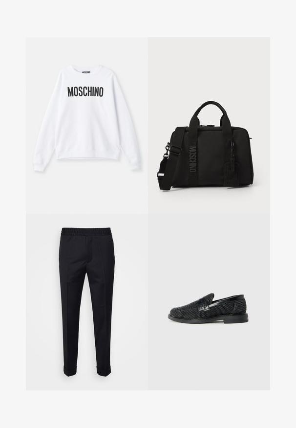 Bela majica s kapuco iz mehkega blaga, okroglega ovratnika, dolgih rokavov in izstopajočim črnim logotipom "MOSCHINO" natisnjenim spredaj.; Črne hlače iz lahkotnega blaga, z elastičnim pasom, stranskimi žepi in zavitimi robovi. Gladka tekstura s sprednjimi pregibi.; Črne pletene zavezane čevlje s gladkim usnjenim poudarkom na zgornjem delu, okroglo zasnovo nosu in nizkoprofilsko gumijasto podplat.; Črna tekstilna torba z dvema ročajema in snemljivim naramnim trakom. Ima izbočeno logo in usnjeno oznako. Gladka tekstura, pravokotna oblika.