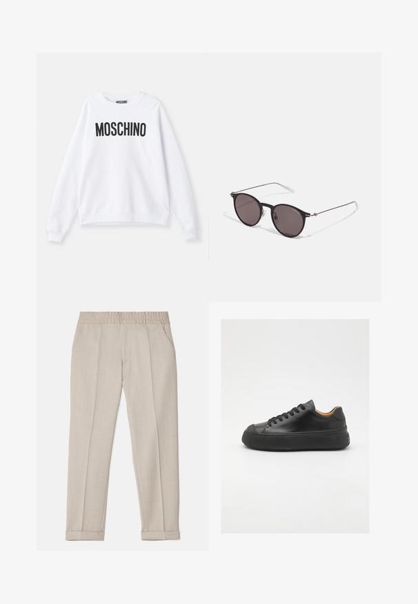 Felpa bianca realizzata in tessuto morbido, con collo rotondo, maniche lunghe e un grande logo nero "MOSCHINO" stampato sul davanti.; Filippa K TERRY CROPPED TROUSERS - Pantaloni - sage melange; Sneaker in pelle nera con punta tonda, allacciatura frontale, superficie liscia, suola in gomma spessa e interno a contrasto color nocciola.; Occhiali da sole neri rotondi con lenti scure e sottili bracci in metallo. Include punte trasparenti e accenti argentati alla cerniera. Design minimalista.