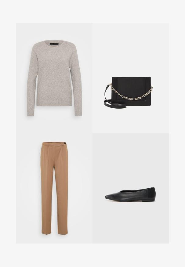Svetlo siva pulover iz mehkega pletenega materiala. Ima okroglo ovratnico in dolge rokave z rebrastimi manšeti in robom. Preprost dizajn.; Rjave krojene hlače s ravnimi nogavicami, ki imajo enojno zapiranje z gumbom in nabran sprednji del. Gladka tekstura, minimalistični slog.; Črne usnjene balerinke, koničast toe, minimalističen dizajn, gladka tekstura, nizka peta, brez vidnih kovinskih delov ali okraskov.; Črna usnjena torba čez ramo z gladko teksturo, pravokotno obliko in kovinskim verižnim detajlom spredaj. Vključena je nastavljiva naramnica.