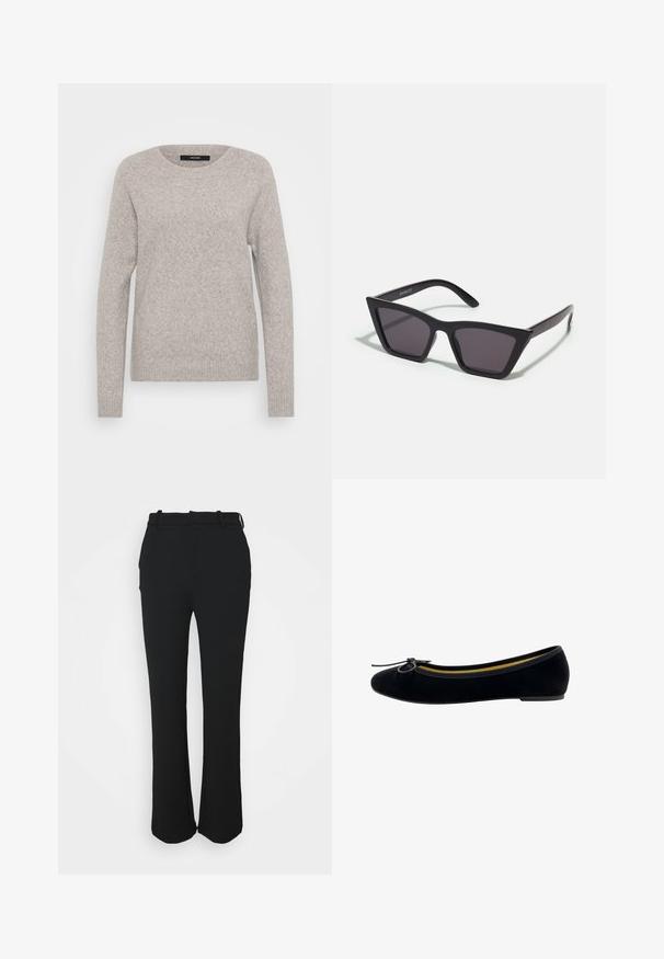 Maglione grigio chiaro realizzato in morbido tessuto a maglia. Presenta un collo rotondo e maniche lunghe con polsini e orlo a coste. Design semplice.; Pantaloni neri su misura con una finitura liscia, design a gamba dritta e una cintura. Presentano dettagli di cucitura discreti e nessuna tasca.; Pantofole da balletto in velluto nero con punta rotonda, piccola applicazione a fiocco sul davanti e una fodera interna gialla a contrasto.; Occhiali da sole neri e angolari con lenti grigie; realizzati in plastica, con aste spesse dalla superficie liscia e senza hardware visibile.