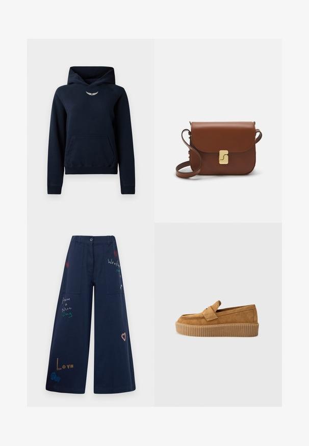 Hanorac de culoare bleumarin, confecționat dintr-un material moale, având un buzunar tip kangur și mânici ribbate, precum și un mic logo argintiu în formă de aripă pe piept.; Pantaloni largi de culoare bleumarin din bumbac, cu multiple buzunare. Prezintă broderii colorate cu text și grafica, inclusiv inimi și expresii jucăușe.; Mocasini din nubuc maroniu cu vârf rotund, având o talpă platformă cu nervuri și o curea decorativă peste partea superioară.; Geantă de piele maro cu închidere tip capac, accesorii de culoare aurie, curea de umăr și o textură netedă. Formă compactă și rectangulară.