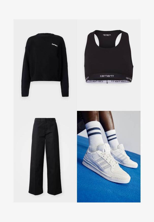 Zwarte gebreide trui met ronde hals, cropped ontwerp, geribbelde mouwen en zoom. Heeft een klein wit logo op de voorkant.; Zwarte sportbeha met een ronde halslijn en racerback ontwerp. Voorzien van een versterkte tailleband met witte "carhartt" branding. Zachte stof textuur.; Zwarte wijde broek van zacht katoen. Voorzien van een klassieke tailleband, zijzakken en een rechte snit naar de zoom.; Witte leren sneakers met geperforeerde accenten, drie metalen strepen en een textuurpanel aan de zijkant. Draagt met witte sokken met blauwe strepen.
