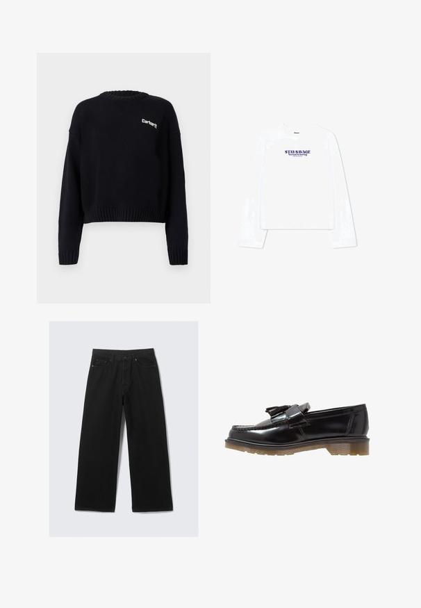 Schwarzer Strickpullover mit Rundhalsausschnitt, verkürztem Schnitt, gerippten Bündchen und Saum. Verfügt über ein kleines weißes Logo auf der Vorderseite.; Weißes Langarm-T-Shirt mit Rundhalsausschnitt und cropped Design. In lila bedruckter Text: "STAY SAVAGE Normal ist langweilig."; Schwarze weit geschnittene Jeanshose aus Denim, ausgestattet mit einem klassischen Fünf-Taschen-Design und einem strukturierten Taillenbund mit Gürtelschlaufen.; Schwarze lackierte Lederloafers mit geflochtenem Design, Quastenakzent und einer klobigen, strukturierten Gummisohle. Die Seitenansicht zeigt die schlanke Silhouette.