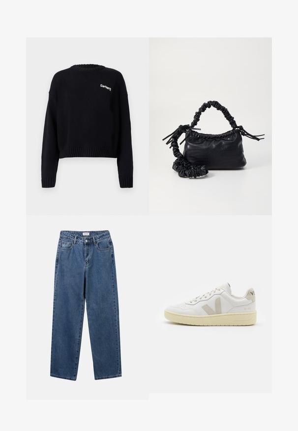 Pulover negru din tricot, cu guler rotund, design scurt, manșete și tiv cu zig-zag. Prezintă un mic logo alb pe față.; Jeans clasice din denim albastru, cu un design drept, cinci buzunare și închidere cu nasture. Prezentând o spălare medie și o textură rezistentă.; Pantofii sport din piele albă cu accente din suede bej, cutie pentru degete perforată, șireturi plate și o talpă texturată de crem. Prezintă branding subtil pe călcâi.; Geantă din faux leather neagră cu textură de crocodil, cu partea superioară strânsă și o curea mototolită. Pare moale și compactă ca design.