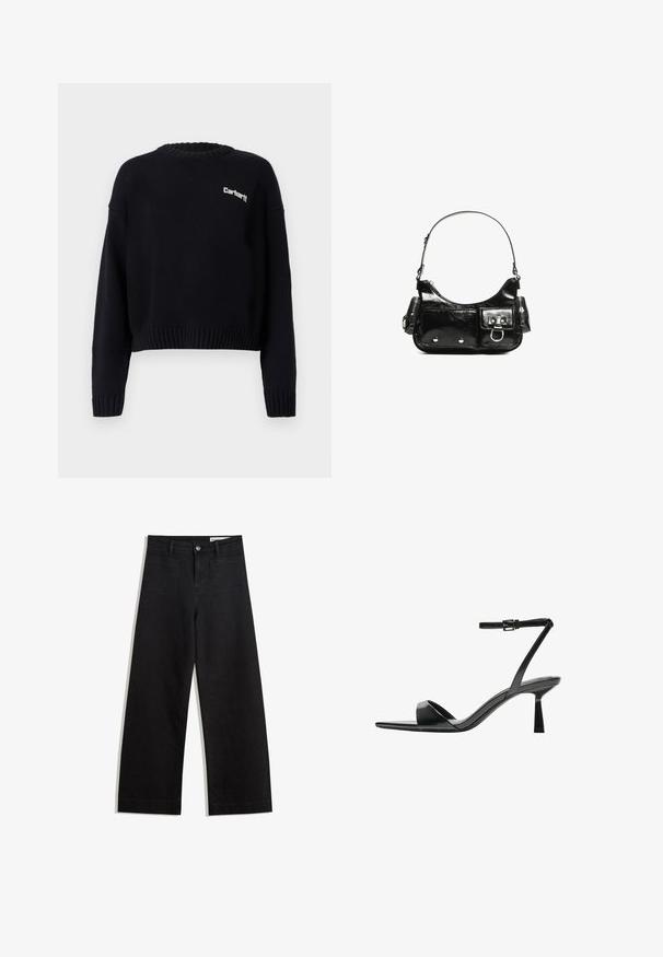 Črn pleten pulover z okroglim izrezom, krajšo zasnovo, rebrastimi manšetami in robom. Ima majhen bel logotip na sprednji strani.; Črne široke denim hlače z visokim pasom, ki imajo sprednje in zadnje žepe, šivane šive ter gumbasto zapiranje. Gladka tekstura.; Bershka Sandali z visoko peto - black; Črna lakasta usnjena torbica s ukrivljeno obliko, enim ramenskim trakom, sprednjimi žepi in srebrnimi kovinskimi dodatki.
