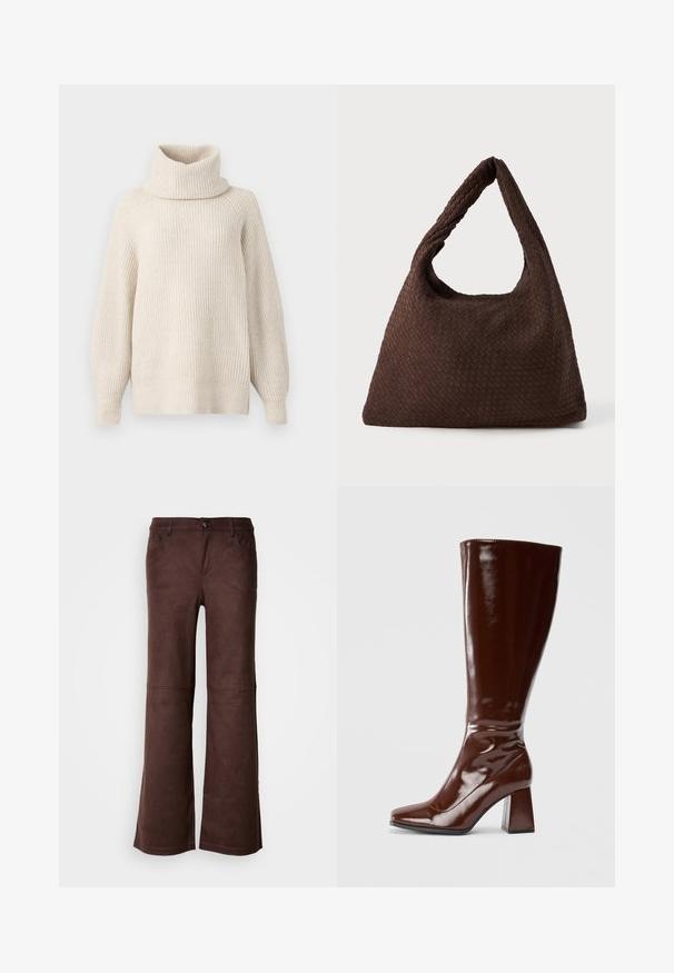 Világos bézs, bordázott kötésű, garbós pulóver, laza szabással, ejtett vállakkal és vastag gallérral. Puha tapintás, enyhén bő szabás.; Barna, trapéz szabású nadrág puha, Suede-szerű anyagból. Négy zseb, gombos záródás és sima, texturált felület jellemzi.; Térd fölötti barna lakkbőr csizmák, négyzet alakú orral, fényes felülettel és stabilitást biztosító vastag sarkal. Sehol sem látható hardver nélküli zökkenőmentes dizájn.; Barna fonott táska laza formával, egyetlen hurkos fogantyúval és textúrázott felülettel. A dizájn hobo stílusú, kiegészítő fémalkatrészek nélkül.