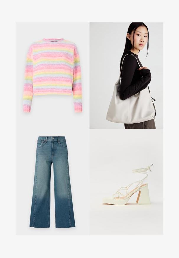 Flerfarget stripete genser med rosa, blå og pastellgul nyanser, med en myk, teksturert overflate og rund hals. ; Bredde ben jeans i en middels blå vask, med en gradienteffekt fra mørkere til lysere. Laget av denim med en tradisjonell fem-lomme design.; Hvit høyhælte sandal med kraftig hæl, med en stroppe-design og ankelbånd. Glatt tekstur med plattform foran for ekstra høyde.; Beige håndveske laget av mykt materiale, med en slapp design, sydd detaljer og to skulderstropper. Passer for daglig bruk.
