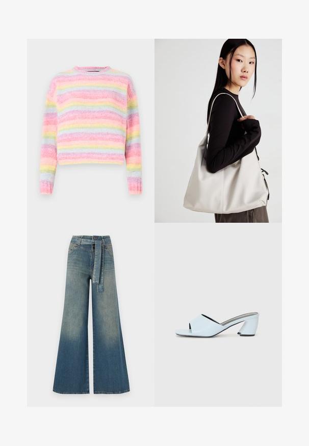 Mitmevärviline triibuline sviiter, millel on roosa, sinine ja pastellkollane toon, pehme tekstuuriga viimistlus ja ümar kaelus.; Laiad denimpüksid, millel on hele tume sinine gradiendiefekt, kõrge vöökoht, vöökumlid ja sobivast kangast vöö. Struktureeritud denimi viimistlus.; Heledad heles sinine avatud varvaga, geomeetrilise disainiga, laia rihmaga jala kohal ja nurga all oleva paksu kontsaga.; Bež käekott pehme materjali, millel on lõtv disain, õmblustega detailid ja kaks õlarihma. Sobib igapäevaseks kasutamiseks.