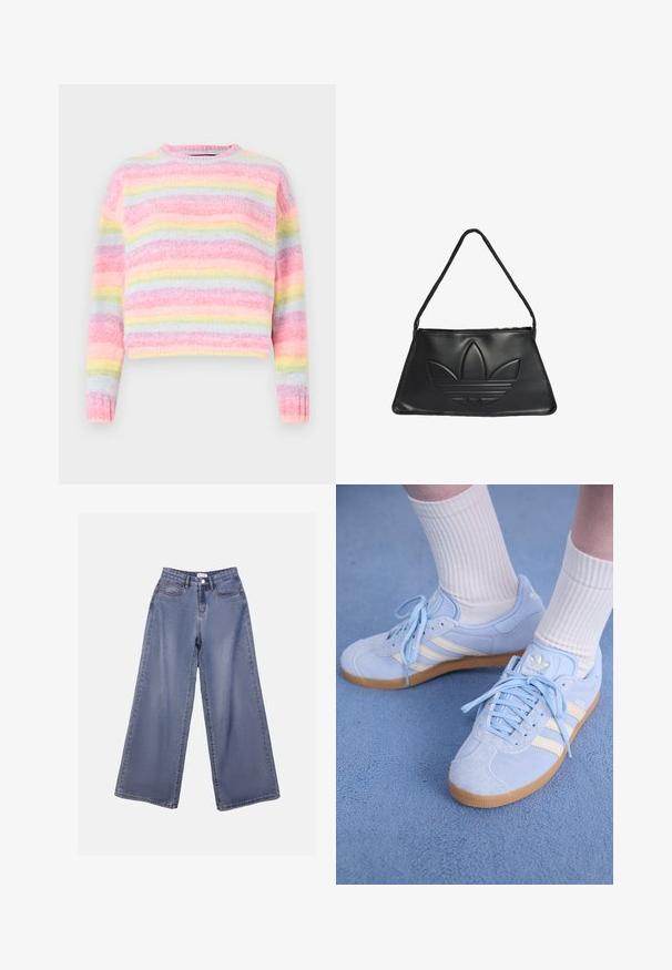Maglione a righe multicolore con tonalità di rosa, blu e giallo pastello, con una finitura morbida e testurizzata e un colletto rotondo.; Jeans in denim a gamba ampia di un blu chiaro, caratterizzati da una vita alta, tasche frontali e una chiusura con bottone e passanti per cintura.; Sneaker scamosciate azzurro chiaro con strisce bianche, lacci piatti e suola in gomma. Calze bianche a costine indossate sopra la caviglia.; Borsa a tracolla in pelle nera con forma trapezoidale, caratterizzata da un design del logo Adidas in rilievo e una sottile tracolla. Chiusura a zip sulla parte superiore.