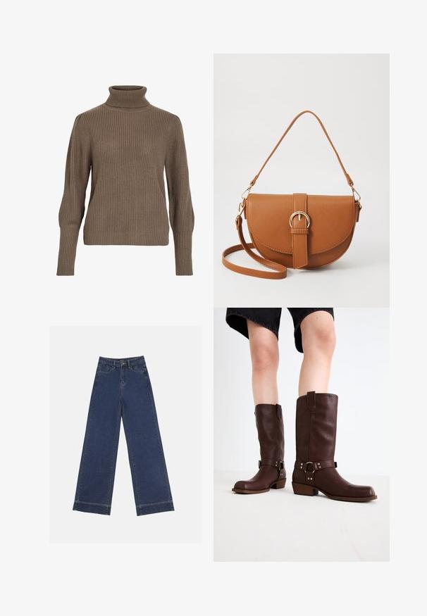 Pruun sooneline kudum kõrge kaeluse ja kitsaste varrukatega, millel on tekstuuriga viimistlus ja lõdvem kehaülikond.; Laiad püksid tumedast sinisest denimist. Omab viit taskut, vöölõke ja toore äärega allosas, kus on nähtavad õmblused.; Pruunid nahast põlvekõrgused saapad, millel on ümar varvas, tekstuuriga pind, pahkluu rihm ja hõbedane detail; klambriga konts.; Pruun nahast õlakott, millel on kumer kuju, kullavärvi riistvara ja pandlaga kaunistus. Omab eemaldatavat õlarihma.