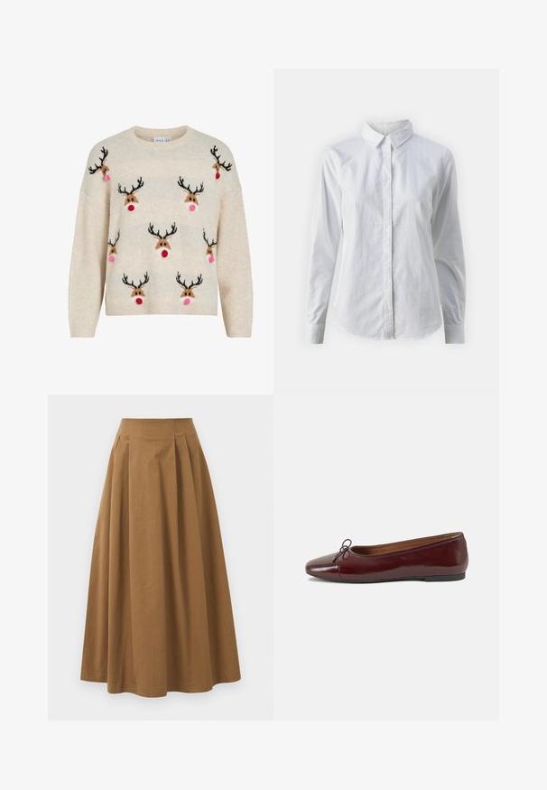 Cremefarbener Pullover mit flauschiger Textur, rundem Ausschnitt und Rentiermotiven mit schwarzen Geweihen, rosa Bommel und roten Nasen.; Weißes Hemd mit Knöpfen, aus glattem Baumwollstoff, mit klassischem Kragen, langen Ärmeln und abgerundetem Saum. Die Knöpfe sind klein und weiß.; Brauner Baumwoll-A-Linien-Rock mit hoher Taille, der vorne Falten aufweist und eine glatte Textur hat. Der Saum ist sauber und einfach verarbeitet.; Burgunderfarbenes, lackiertes Ballettschuh mit abgerundetem Zehenbereich, kleiner Schleifenakzent vorne und einer niedrigen, schwarzen Gummisohle. Glatte Textur.