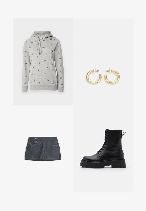 Grijze sweatshirt met een capuchon. Bevat kleine zwarte bloemenborduursels, geribde manchetten en een trekkoord bij de hals. Zacht, casual stof.; Donkerdenim rok met een hoge tailleband, voorzien van twee voorzakken, een knoopsluiting en contrasterende stiksels langs de randen.; Zwarte leren enkelboots met een ronde neus, vetersluiting aan de voorkant en een dikke rubberen zool met een gestructureerd profiel. Trekbandje aan de achterkant.; Gouden creolen met een gladde, glanzende afwerking. Circulaire vormgeving met een kleine post en een doorzichtige achterkant voor een veilige draagervaring.
