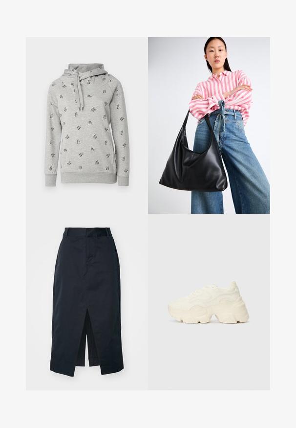 Pelēks džemperis ar kapuci. Iekļauta maza melna ziedu izšuvuma, ribotas piedurknes un aukla ap kakla daļu. Mīksta, ikdienišķa auduma.; Tumši jūras zila midi svārki, izgatavoti no kokvilnas maisījuma auduma, ar priekšējo spraugu, slēptu rāvējslēdzēju un sānu kabatām funkcionalitātei.; Masīvi balti sportisti, kas izgatavoti no strukturēta sieta un sintētiskajiem materiāliem, ar biezu zoli un sarežģītām rakstu detaļām gar sāniem.; Melnas ādas plecu soma ar vaļīgu formu un šuvju detaļām. Modelis valkā rozā un baltu svītrainu kreklu ar plaša kāju ziliem džinsiem.