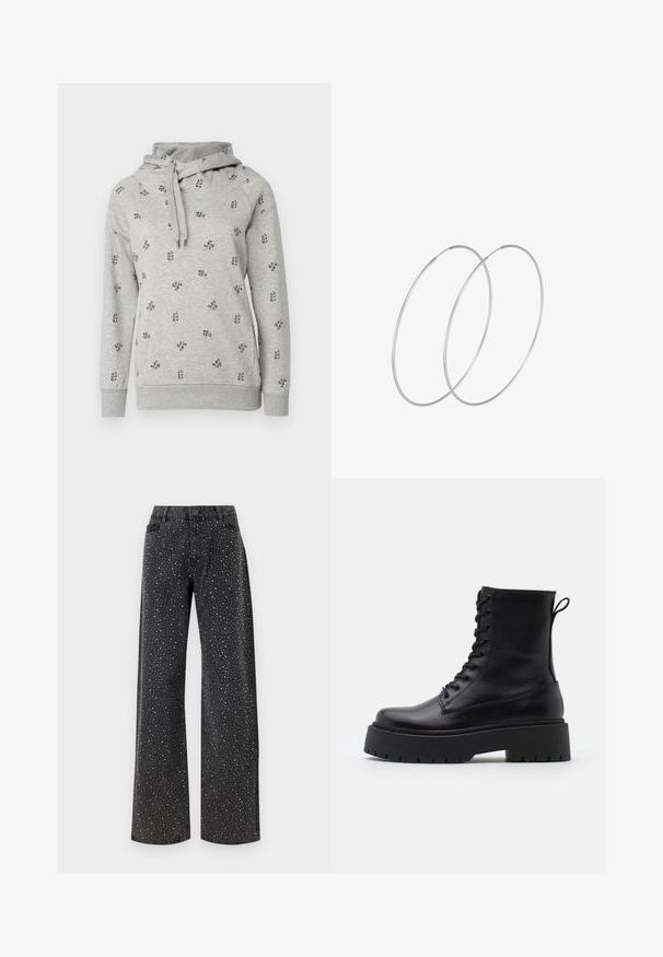 Felpa grigia con cappuccio. Presenta una piccola ricamo floreale nero, polsini a coste e un cordino al collo. Tessuto morbido e casual.; Noisy May NMJANNEL LOOSE - Jeans baggy - black denim; Stivaletti in pelle nera alla caviglia con punta rotonda, lace-up frontale e suola in gomma spessa con battistrada textured. Tassello sul retro.; Orecchini a cerchio in argento con un design minimalista. Forma circolare, superficie liscia e profilo sottile. Leggeri con una finitura lucida.