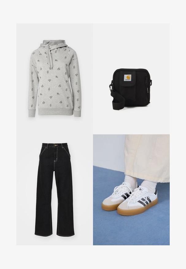 Grey sweatshirt with a hood. Features small black floral embroidery, ribbed cuffs, and a drawstring at the neckline. Soft, casual fabric.; Black wide-leg jeans made of denim, featuring contrasting white stitching and a front button closure, with two angled front pockets.; White sneakers with black stripes and beige suede accents. Feature a textured gum sole and flat white laces, worn with light-colored socks.; Black crossbody bag with a zippered main compartment, front pocket, adjustable strap, and a visible logo patch on the flap.