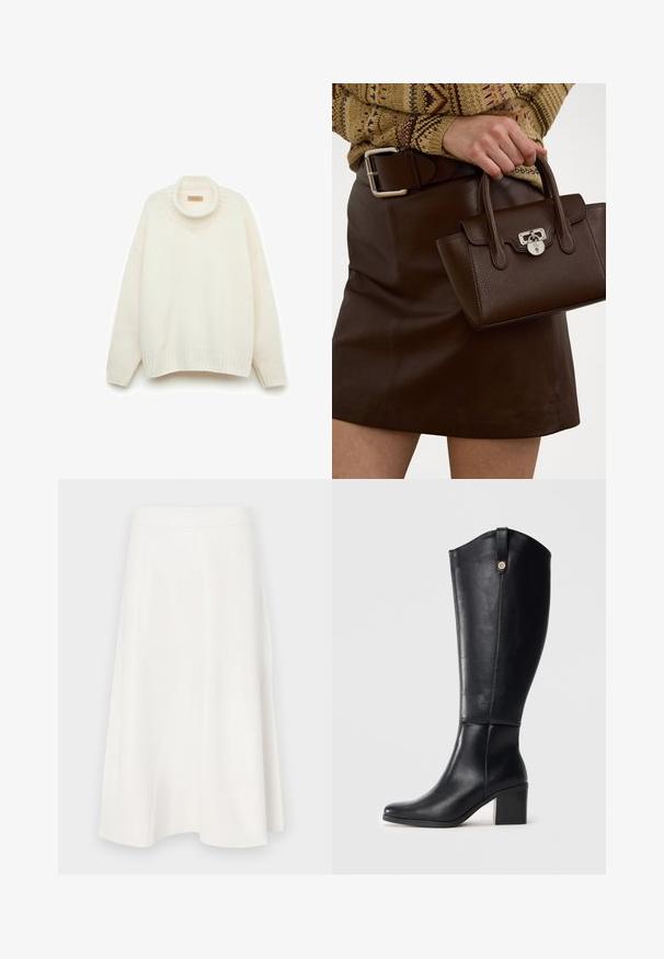Vit stickad tröja med hög cirkulär krage, sänkt axel, ribbat avslut och breda ärmar. Slät textur med en avslappnad passform.; Vit A-linjeformad kjol i mjukt tyg, med hög midja och subtil sömdetaljering, som smalnar av till en utsvängd nederdel.; Svarta läderstövlar i knähöjd med fyrkantig tå och blockklack. Har en sidoseam och en dekorativ metallaccent upptill.; Brun läderhandväska med texturerad yta och silverdetaljer, hålls med en hand bredvid en brun läderkjol och en mönstrad tröja.; Krämfärgade ullhandskar med ribbade ärmslut, försedda med två dekorativa guldfärgade knappar vardera upptill på ärmsluten. Mjuk textur med fingeröppningar.