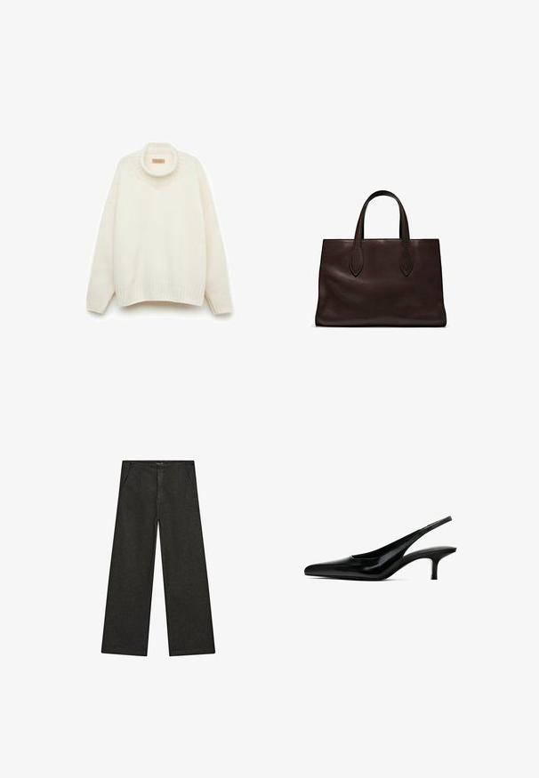 Gestrickter weißer Pullover mit hohem, rundem Kragen, überschnittenen Schultern, geripptem Saum und weiten Ärmeln. Glatte Textur mit lässiger Passform.; Schwarz-weiße, weit geschnittene Jeans mit mittelhohem Bund, zwei Vorderentaschen und einem klaren, minimalistischen Design ohne sichtbare Verzierungen.; Schwarzer Slingback-Schuh mit spitzem Zehenbereich, glänzender Lederoberfläche und dünnem, niedrigem Absatz. Verfügt über einen Ausschnitt an der Seite für Atmungsaktivität.; Braune Ledertasche mit zwei langen Griffen, strukturierte rechteckige Form, glatte Textur und dezente Nähdetails.