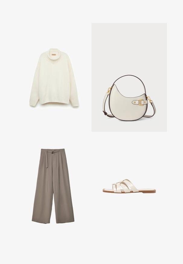 Szydełkowy biały sweter z wysokim okrągłym kołnierzem, opadającymi ramionami, prążkowanym dołem i szerokimi rękawami. Gładka faktura z luźnym fasonem.; Spodnie o szerokich nogawkach w miękkim, stonowanym szarym materiale, z paskiem w talii i plisami dla dodania detali projektowych. Gładka tekstura, bez wzorów.; Płaskie sandały z brązową gumową podeszwą, zaprojektowane z trzema nakładającymi się na siebie białymi skórzanymi paskami i małym detalem w postaci kokardy na środku.; Kremowa skórzana torebka o zaokrąglonym kształcie z brązowymi wykończeniami. Posiada złoty zamek oraz regulowany pasek, co umożliwia różne opcje noszenia.