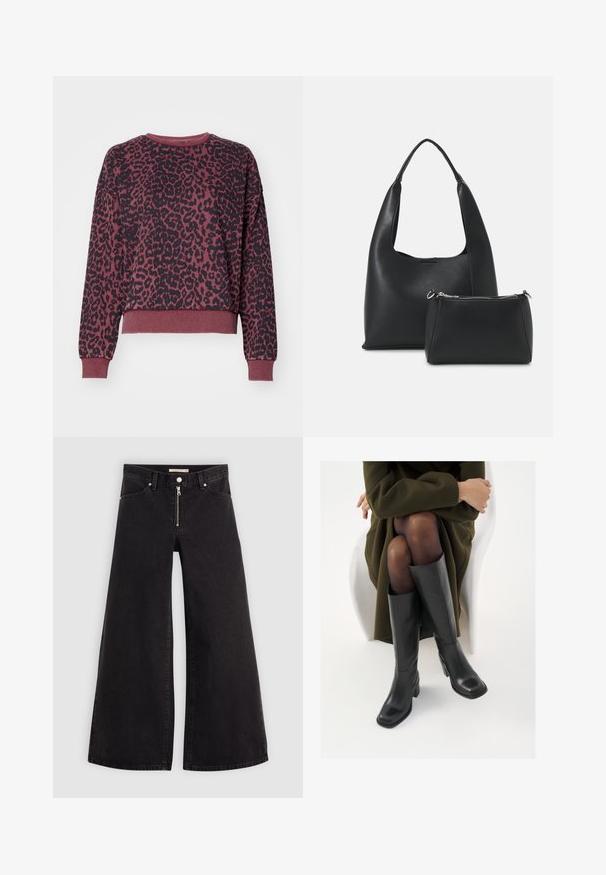 ONLY ONLVOICE O NECK  - Ikdienas džemperis - burgundy; Platas kājas džinsi melnā džinsa audumā ar rāvējslēdzēju priekšā, piecu kabatu dizains un smalkas šuvju detaļas. Gluda tekstūra un ikdienišķs stils.; Ceļgalu augstuma melni ādas zābaki ar kvadrātu purngalu un bloku papēdi, attēloti modelī, kurš sēž olīvu zaļā mētelī. Gluda tekstūra, minimāla apdare.; Even&Odd SET - Rokassoma - black