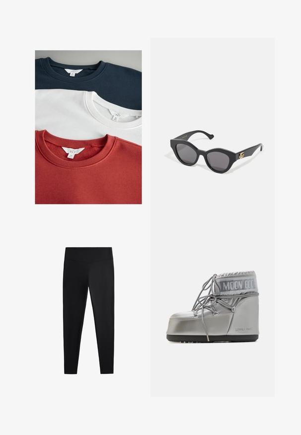 Tre felpe girocollo: blu scuro, bianca e rosso ruggine. Realizzate in un materiale morbido con colli a costine, mostrano etichette del marchio sui tag interni.; Leggings neri realizzati in tessuto liscio e elasticizzato. Presentano una cintura larga e un design a gamba affusolata, adatti per un abbigliamento sia attivo che casual.; Stivale impermeabile argento con forma arrotondata, finitura texture e lacci grigi. Presenta un evidente logo "MOON BOOT" sulla parte superiore.; Occhiali da sole neri con una forma angolare a occhio di gatto, dotati di lenti scure. Accento del logo dorato sulla tempia. Montatura in plastica liscia.