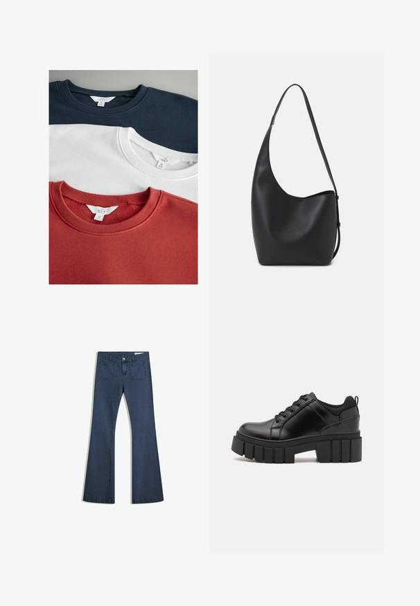 Trii dukserice s okruglim izrezom: tamnoplava, bijela i hrđa crvena. Napravljene od mekog materijala s rebrastim ovratnicima, s oznakama brenda na unutarnjim etiketama.; Tamno plavi traperice s izrezanim nogavicama, šivanim džepovima, kopčanjem na dugme i glatkom teksturom. Imaju klasičan dizajn s pet džepova.; Crne kožne platforme s debelim blok-peta, okruglim prstima i klasičnim dizajnom vezanja. Imaju gladak tekstur i minimalne detalje.; Crna kožna hobo torba s glatkom teksturom, zakrivljenim oblikom i jednom podesivom trakicom; ima širok otvor na vrhu.