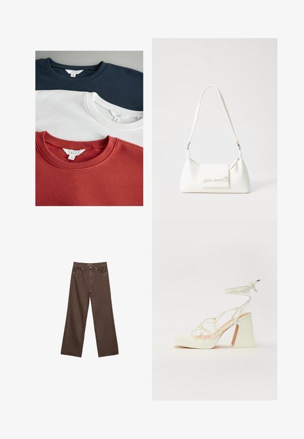 Tričko so zakulateným výstrihom: tmavomodré, biele a hrdzavočervené. Vyrobené z mäkkej tkaniny s rebrovanými goliermi a suná zasúvacími štítkami značiek na vnútorných etiketách.; Džínsy s širokými nohavicami v hnedej farbe, vyrobené z denimu, so zvýšeným pásom, prednými vreckami a klasickým zapínaním na gombík. Hladká textúra s jemným prešívaním.; Biele sandále na vysokom opätku s hrubým podpätkom, s pruhovaným dizajnom a viazaním na členku. Hladký povrch s platformou vpredu pre zvýšenú výšku.; Biela syntetická kabelka s trojuholníkovým tvarom, plochým predným klapkou a detailom mašle, nastaviteľným popruhom, hladkou textúrou a minimalistickým dizajnom.