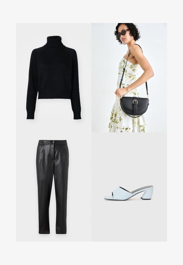 Maglione scuro a collo alto con design cropped, dotato di polsini e orlo a coste, e una trama testurizzata in tutto il capo.; Pantaloni di pelle nera con una texture liscia, vestibilità dritta, cintura elastica e chiusura con bottone frontale; dettagli plissettati e gambe affusolate.; Mule aperte di colore blu chiaro con punta aperta e design geometrico, dotate di una fascia larga che attraversa il piede e di un tacco spesso e angolare.; Borsa a tracolla nera in pelle con una forma curva, manico rimovibile e accessori dorati. La borsa presenta una patta con un dettaglio a fibbia.
