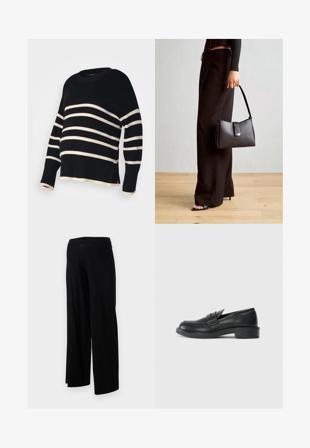Μαύρος και κρεμ καρό πουλόβερ με χαλαρή εφαρμογή, ριμπ λαιμόκοψη και φαρδιά μανίκια. Διαθέτει ελαφρώς κοντή γραμμή και πλαϊνές σχισμές.; Μαύρο παντελόνι με φαρδιά πόδια, ελαστική μέση και λεία, ελαστική υφή. Διαθέτει απλό σχέδιο, χωρίς μpattern ή διακοσμήσεις.; Μαύρο δερμάτινο λουστρίνι με στρογγυλή μύτη, ραφές λεπτομερειών και μικρό τακούνι. Απαλή υφή και ευλύγιστη καουτσούκ σόλα.; Μαύρη τσάντα χειρός με δομημένο σχήμα, λεία υφή και μεταλλικό κούμπωμα. Συνδυασμένη με φαρδιά μαύρα παντελόνια και σανδάλια ανοιχτής μύτης πάνω σε ξύλινο πάτωμα.