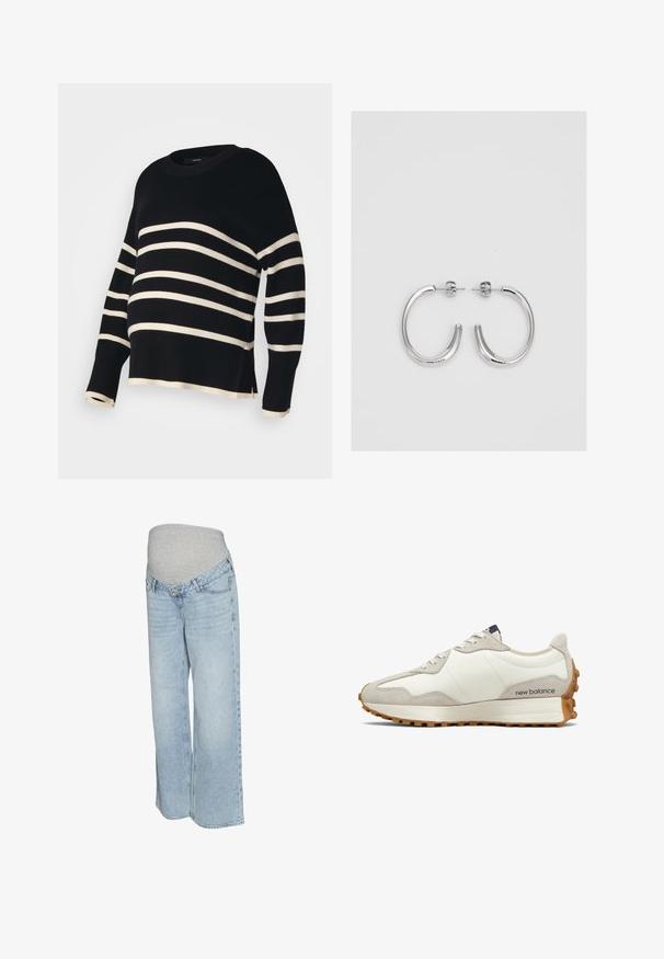 Pull à rayures noir et crème avec une coupe décontractée, col rond côtelé et manches larges. Présente une longueur légèrement cropped et des fentes latérales.; Jeans en denim bleu clair avec une taille élastique grise, design à jambes larges et style traditionnel à cinq poches. Texture lisse avec un délavage passé.; Baskets blanches et beiges avec une tige en cuir lisse et des accents en suède. Dotées de lacets ronds, d'une semelle coussinée et d'une semelle extérieure en caoutchouc texturée.; Boucles d'oreilles créoles en argent avec une surface lisse et brillante, présentant une forme incurvée et une fermeture à tige. Design minimaliste avec une finition moderne.