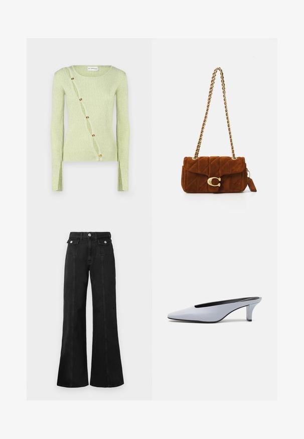 Světle zelený žebrovaný svetr s kulatým výstřihem, dlouhými rukávy a diagonálním zapínáním na knoflíky se zlatavými knoflíky. Měkká textura.; Černé džínové zvonové kalhoty s vysokým pasem, které mají dvě přední kapsy, stříbrné kovové detaily a viditelné švy na přední straně.; Světle modrý lakovaný kožený mule s špičatou špičkou, nízkým transparentním podpatkem a štíhlým designem s výřezem na nártu.; Hnědá prošívaná semišová kabelka přes rameno se zlatým řetízkovým popruhem a velkým zlatým zapínáním ve tvaru "C" na přední klopě.