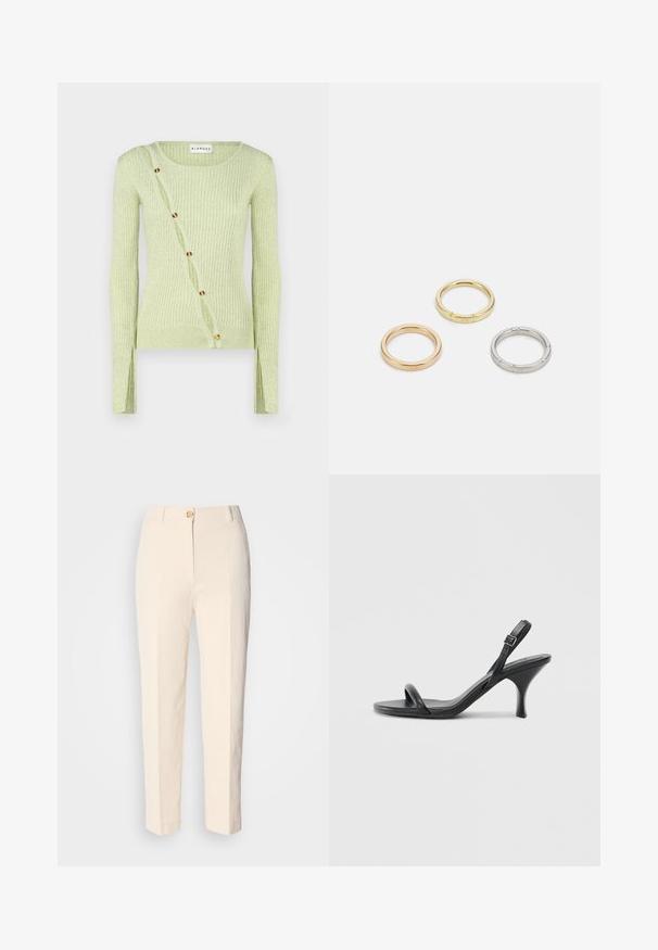 Světle zelený žebrovaný svetr s kulatým výstřihem, dlouhými rukávy a diagonálním zapínáním na knoflíky se zlatavými knoflíky. Měkká textura.; Krémové, vysoké kalhoty vyrobené z texturované látky. Obsahují přední zapínání na knoflík a zúžené nohavice.; Černé kožené sandály na vysokém podpatku s úzkým, zakřiveným podpatkem a designem s překříženými popruhy. Nastavitelný pásek kolem kotníku. Hladký povrch.; Tři kovové prsteny: jeden růžově zlatý, jeden zlatý s texturovanými detaily a jeden stříbrný, všechny s vyrytým brandingem na vnitřním boku.