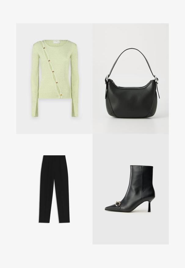 Hellgrüner geripptes Sweatshirt mit Rundhalsausschnitt, langen Ärmeln und diagonaler Knopfverschluss mit goldfarbenen Knöpfen. Weiche Textur.; Schwarze Hose mit geradem Schnitt, doppelten Falten, einer glatten Textur und einem klassischen Bunddesign. Keine sichtbaren Beschläge oder Akzente.; Schwarze Leder-Stiefelette mit spitzer Zehe, schlankem, mittelhohem Absatz und silberner Schnalle seitlich vor einem schlichten Hintergrund.; Schwarze Ledertasche mit geschwungener Form, silbernem Reißverschluss und kurzem Griff. Verfügt über ein dezentes Logo auf der Vorderseite und eine glatte Textur.