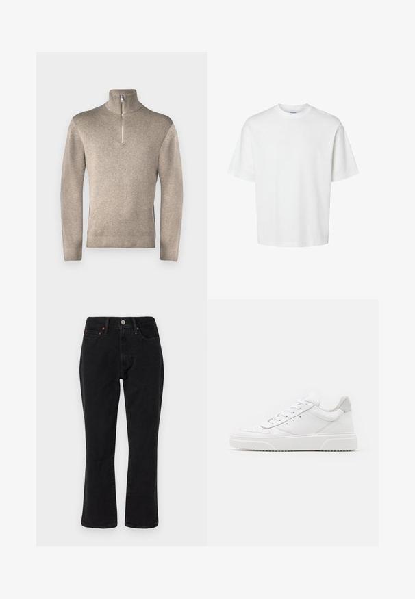 Jack & Jones PREMIUM JPRBLAMILANO HALF ZIP - Trui - greige; Witte katoenen t-shirt met korte mouwen, ronde hals en een relaxed fit. Gladde textuur zonder zichtbare patronen of accenten.; Zwarte denim jeans met een rechte pasvorm, vijf zakken en metalen hardware met koperen accenten. Gladde textuur en een gemiddelde taillehoogte.; Witte leren sneakers met een gladde afwerking, ronde neus, platte veters en een gestructureerde zool. Grijze suède accent bij de hiel.