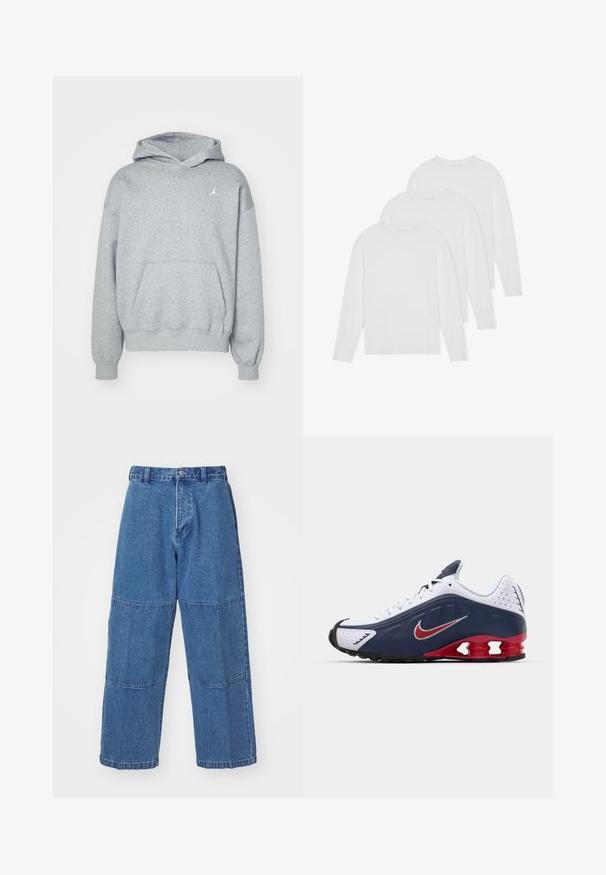 Pelēks kapuce, kas izgatavota no mīksta materiāla, ar lielu priekšējo kabatu, ribinātiem piedurknēm un mazu baltu logotipu kreisajā krūtī.; Trīs garām piedurknēm t-krekli baltā krāsā. Izgatavoti no maiga, viegla auduma ar apaļu kakla izgriezumu un vienkāršu, bez rotājumiem dizainu.; Gaiši zili džinsu bikses ar brīvu piegriezumu, piedāvājot divas atšķirīgas auduma paneļus, priekšējo pogu aizdari un platas kājas.; Baltā un tumši zilā sporta apava ar sarkanu akcentu, ar sietu paneļiem, mīkstu apkakli un izteiksmīgu zoles dizainu, kam ir redzamas amortizācijas vienības.